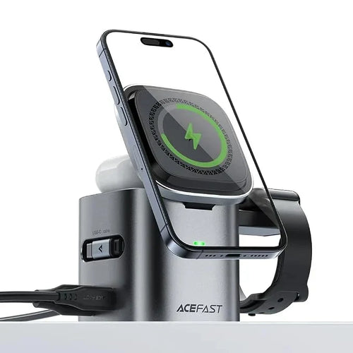 ACEFAST 6-in-1 80W Foldable GaN Wireless Fast Charging Station for Android & iPhone 17/16/15 Series Desktop Magnetic Wireless Charger Dock Station with USB C Rretractable Cable for AirPods 2/3/4/Pro 2/Pro 3