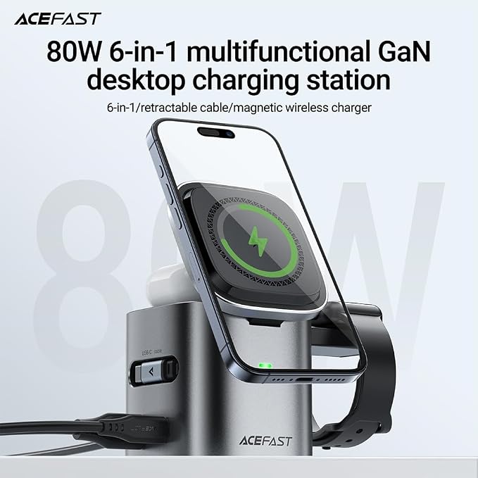 ACEFAST 6-in-1 80W Foldable GaN Wireless Fast Charging Station for Android & iPhone 17/16/15 Series Desktop Magnetic Wireless Charger Dock Station with USB C Rretractable Cable for AirPods 2/3/4/Pro 2/Pro 3