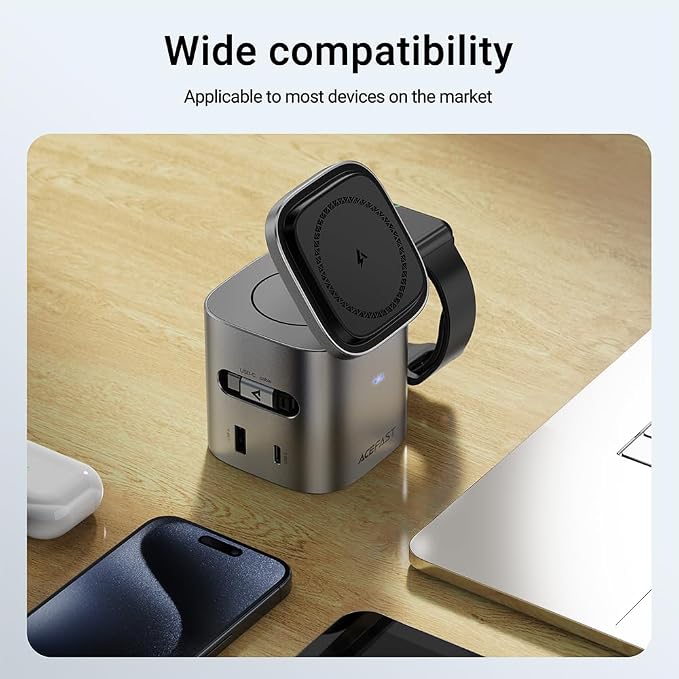 ACEFAST 6-in-1 80W Foldable GaN Wireless Fast Charging Station for Android & iPhone 17/16/15 Series Desktop Magnetic Wireless Charger Dock Station with USB C Rretractable Cable for AirPods 2/3/4/Pro 2/Pro 3