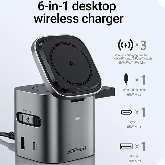 ACEFAST 6-in-1 80W Foldable GaN Wireless Fast Charging Station for Android & iPhone 17/16/15 Series Desktop Magnetic Wireless Charger Dock Station with USB C Rretractable Cable for AirPods 2/3/4/Pro 2/Pro 3