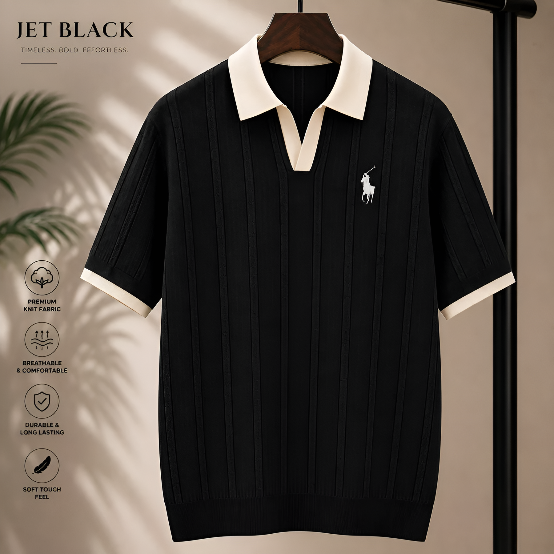 Men’s Striped Knit Polo T-Shirt Contrast Collar & Cuff Casual Top