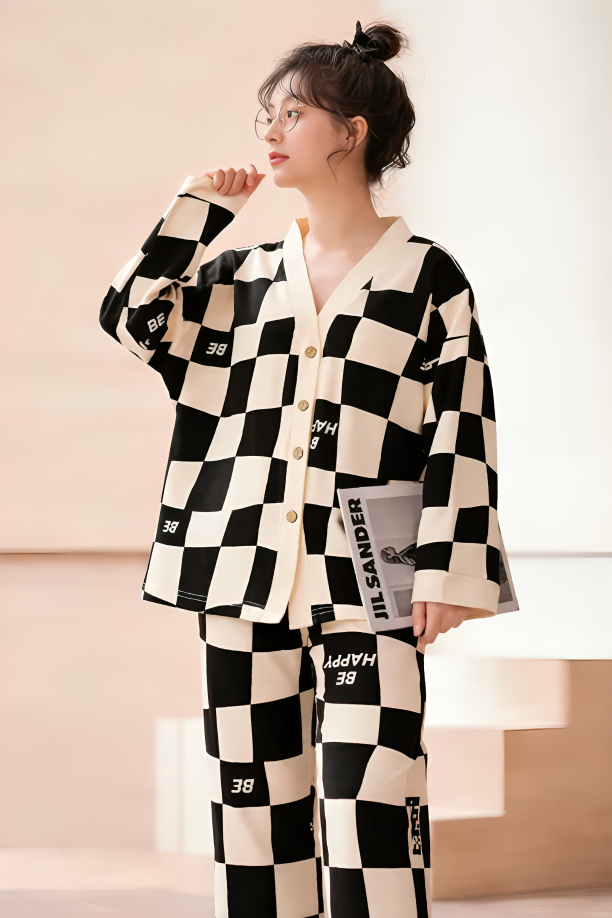 Off White with Black Check V-Neck Button Printed