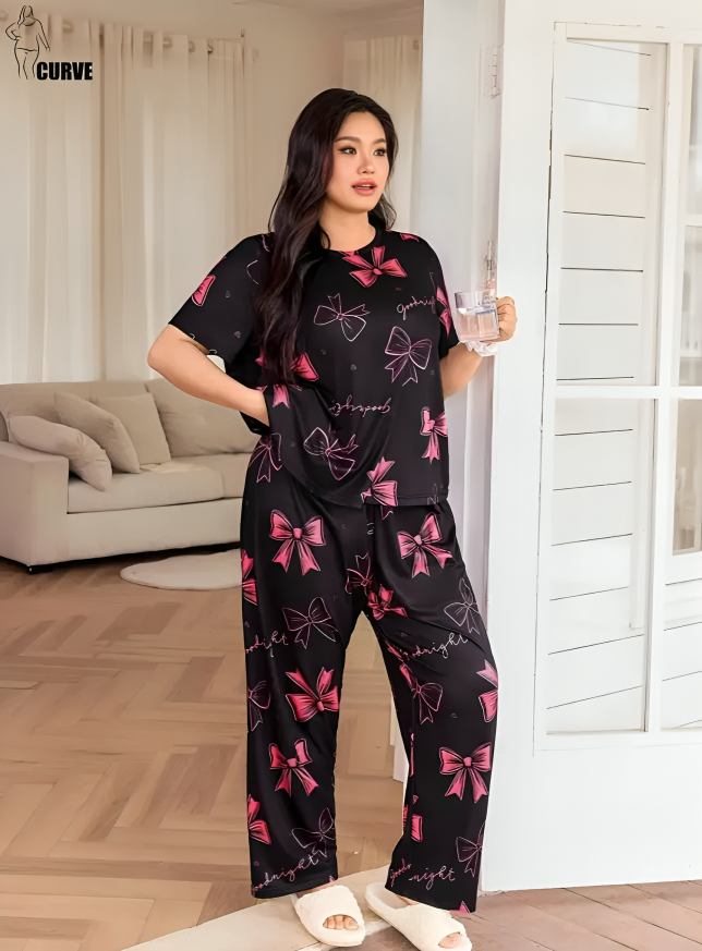 Black with Pink Bow Printed Half Sleeves The Ultimate Dream Wear Sleep Suit